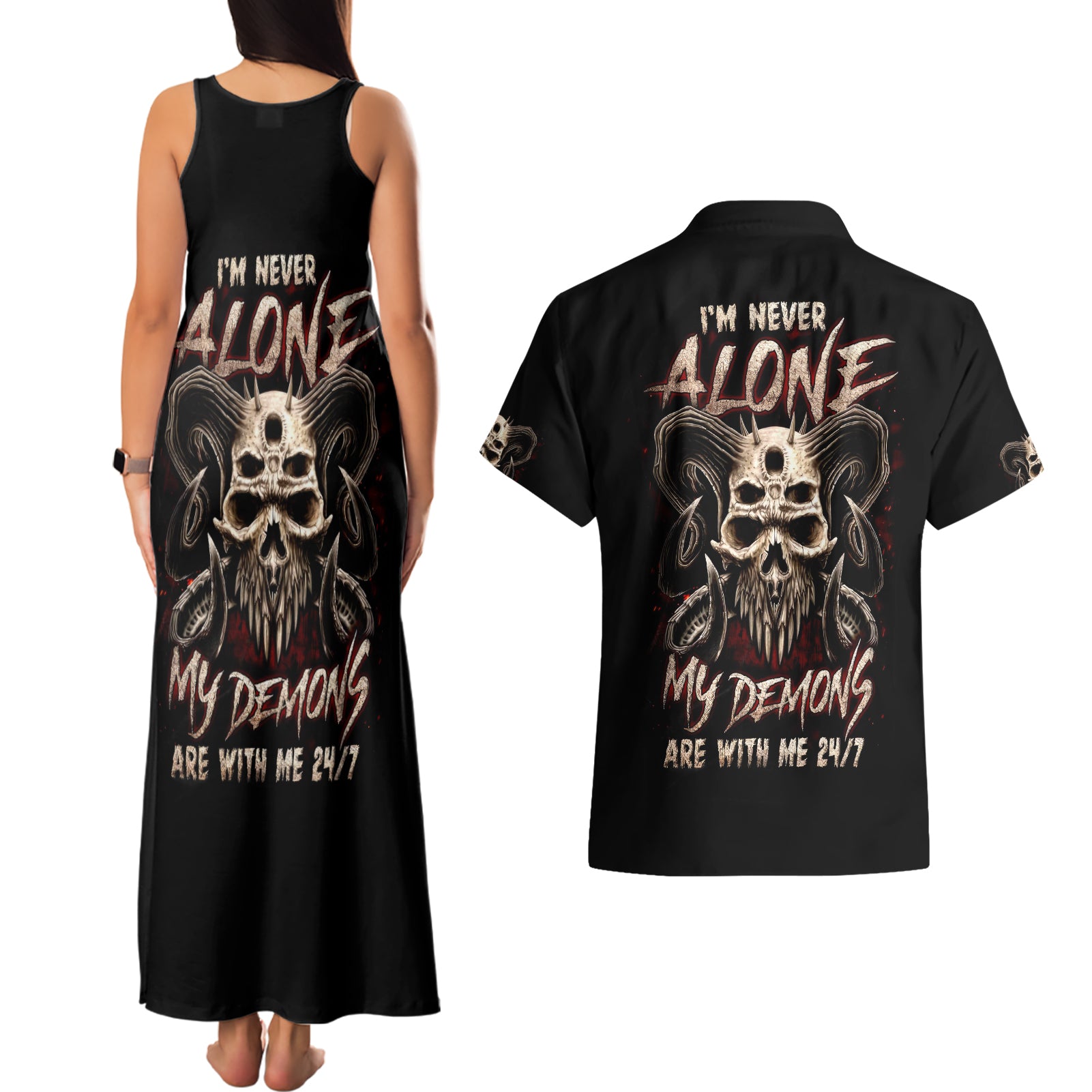 Satan Skull Couples Matching Tank Maxi Dress and Hawaiian Shirt I Never Alone My Demon With Me 24/7 - Wonder Print Shop