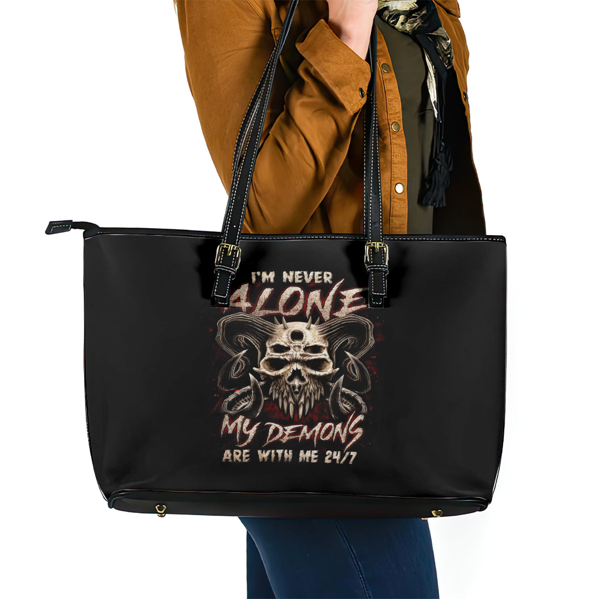 Satan Skull Leather Tote Bag I Never Alone My Demon With Me 24/7 - Wonder Print Shop