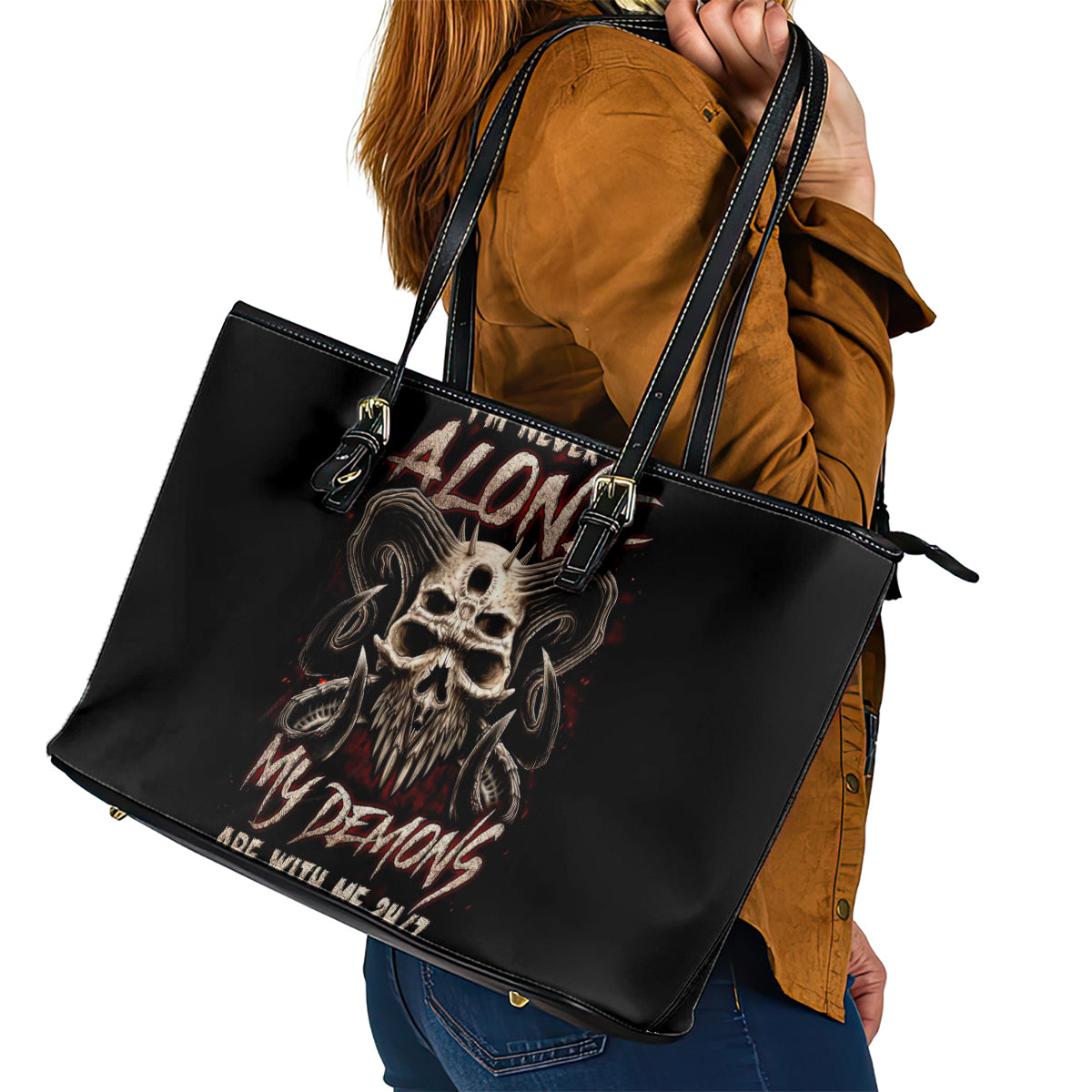 Satan Skull Leather Tote Bag I Never Alone My Demon With Me 24/7 - Wonder Print Shop