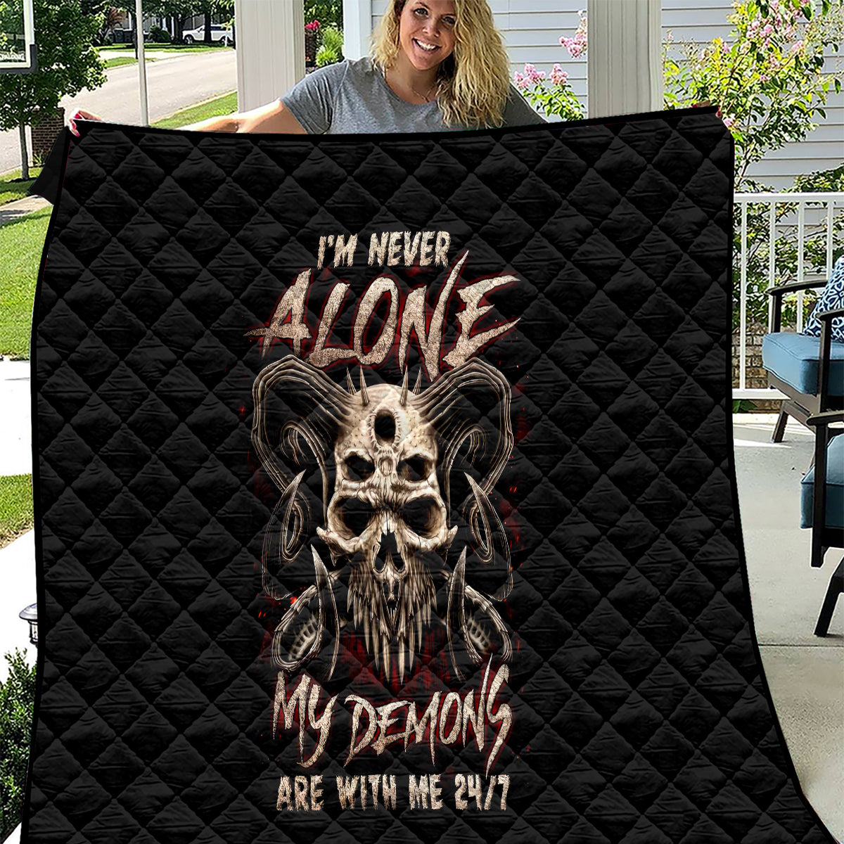 Satan Skull Quilt I Never Alone My Demon With Me 24/7 - Wonder Print Shop