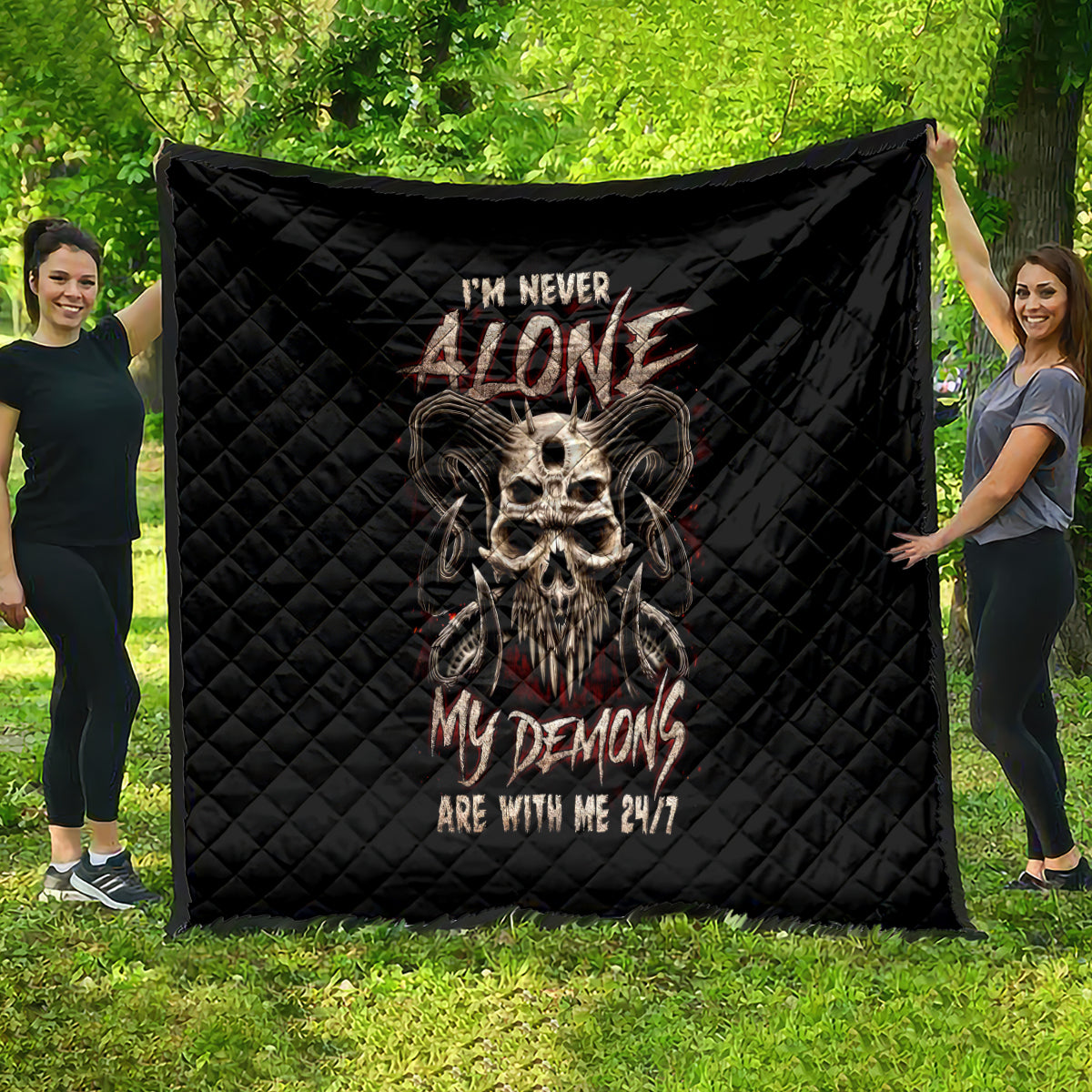 Satan Skull Quilt I Never Alone My Demon With Me 24/7 - Wonder Print Shop