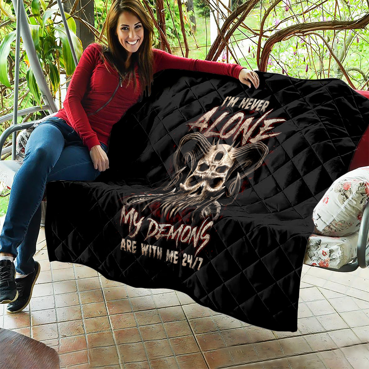 Satan Skull Quilt I Never Alone My Demon With Me 24/7 - Wonder Print Shop