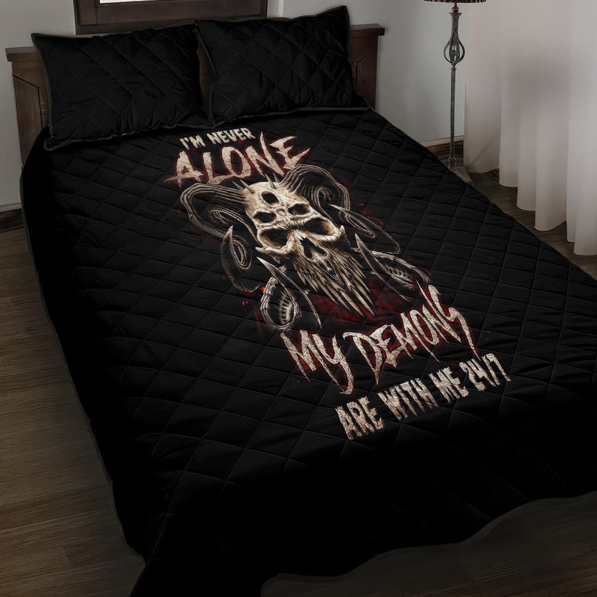 Satan Skull Quilt Bed Set I Never Alone My Demon With Me 24/7 - Wonder Print Shop