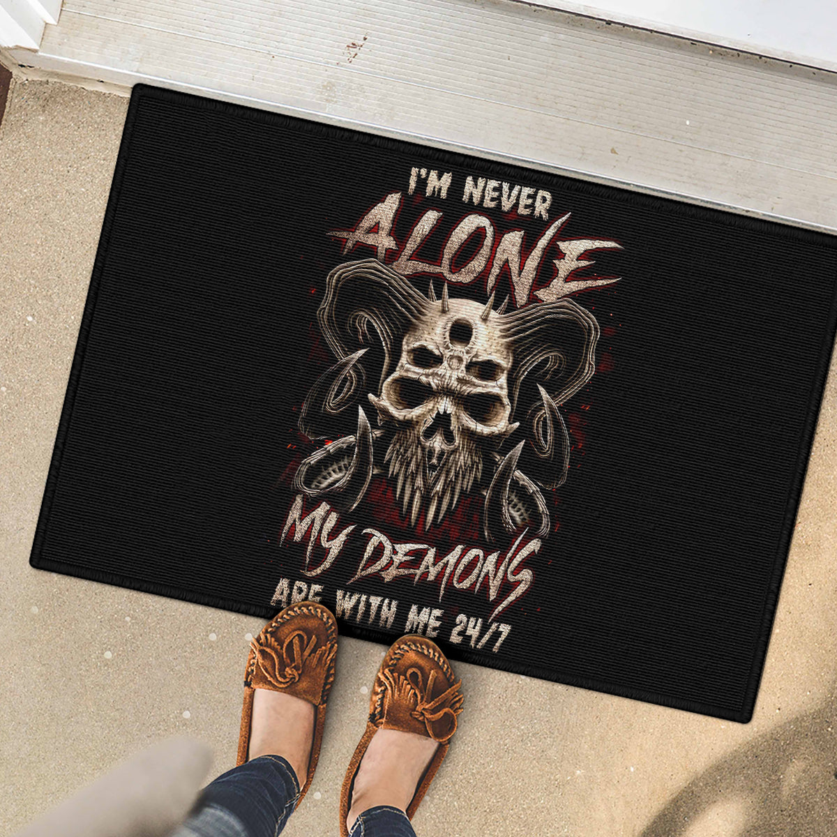 Satan Skull Rubber Doormat I Never Alone My Demon With Me 24/7 - Wonder Print Shop