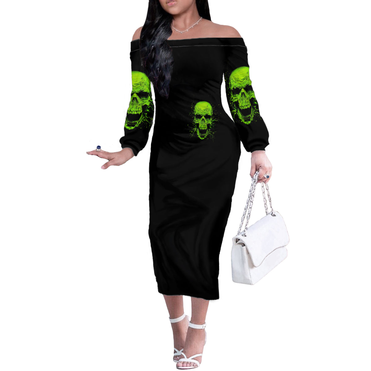 Flower Skull Off The Shoulder Long Sleeve Dress Iam A Sweet Girl Full Of Crazy - Wonder Print Shop