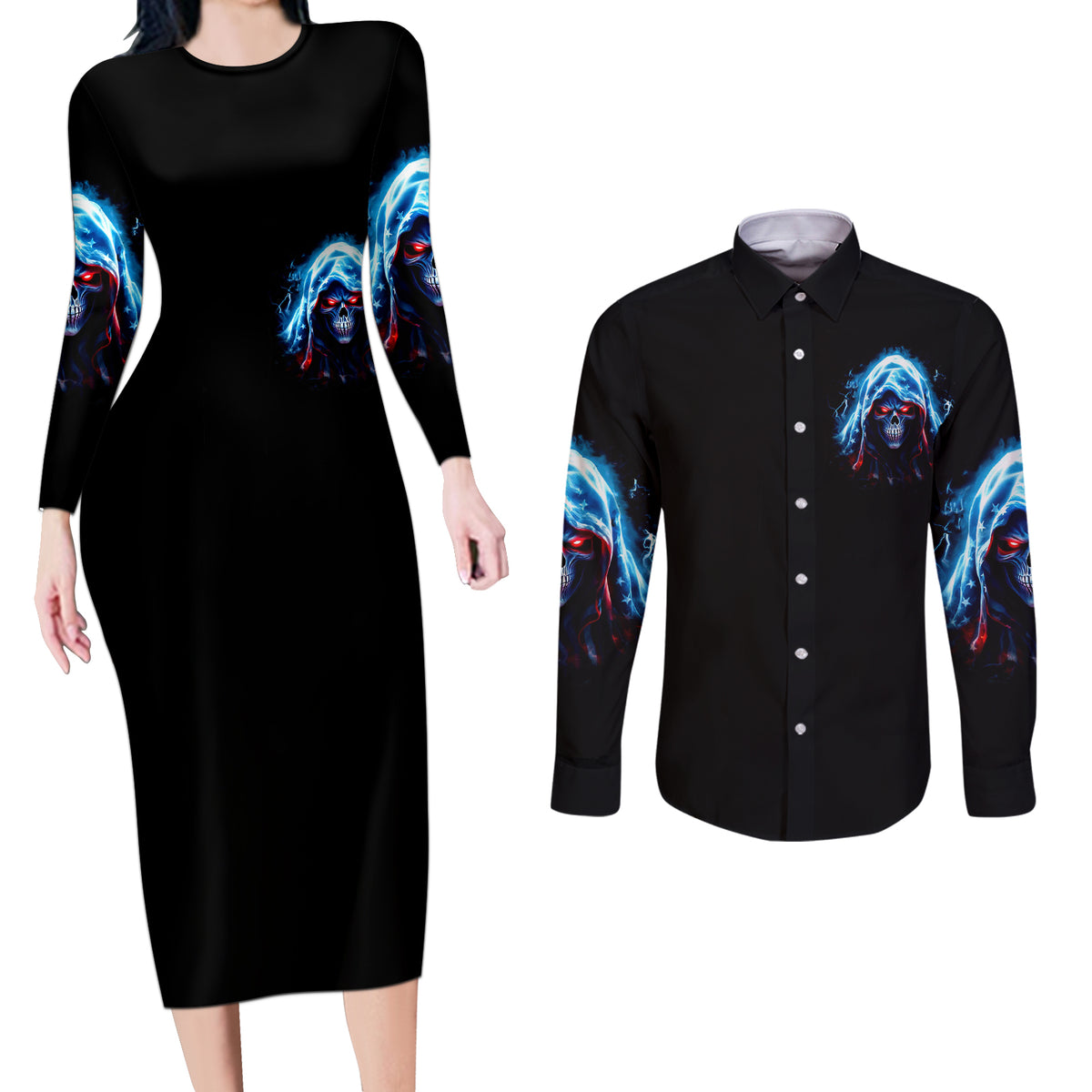 American Skull Couples Matching Long Sleeve Bodycon Dress and Long Sleeve Button Shirts I Talk I Smile But Be Carefull When I Silent - Wonder Print Shop