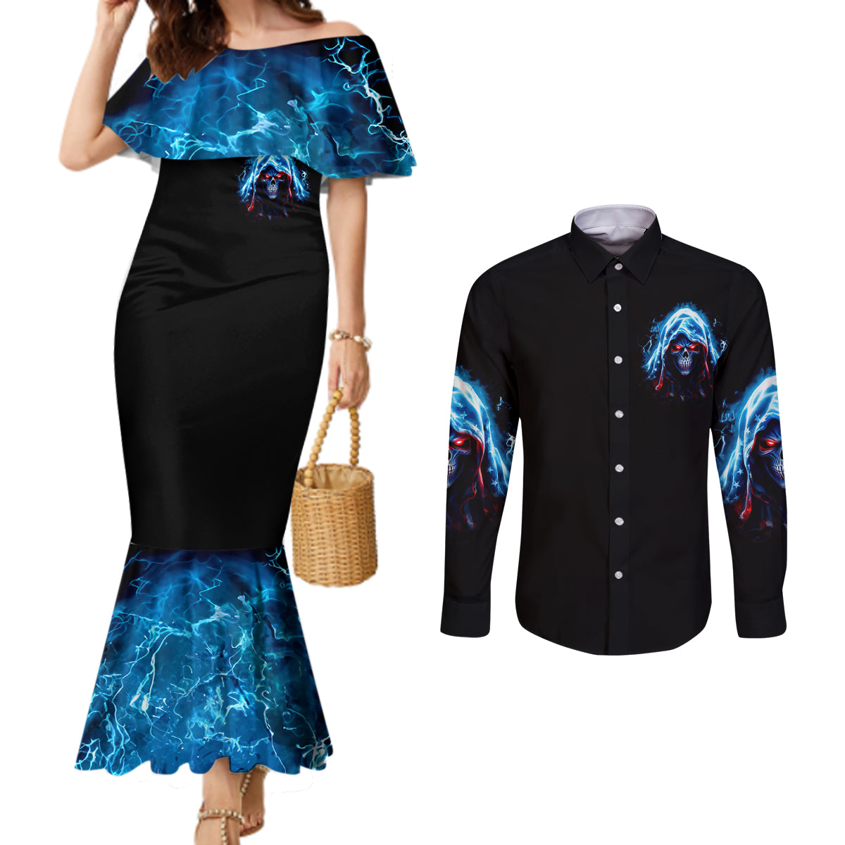 American Skull Couples Matching Mermaid Dress and Long Sleeve Button Shirts I Talk I Smile But Be Carefull When I Silent DT01