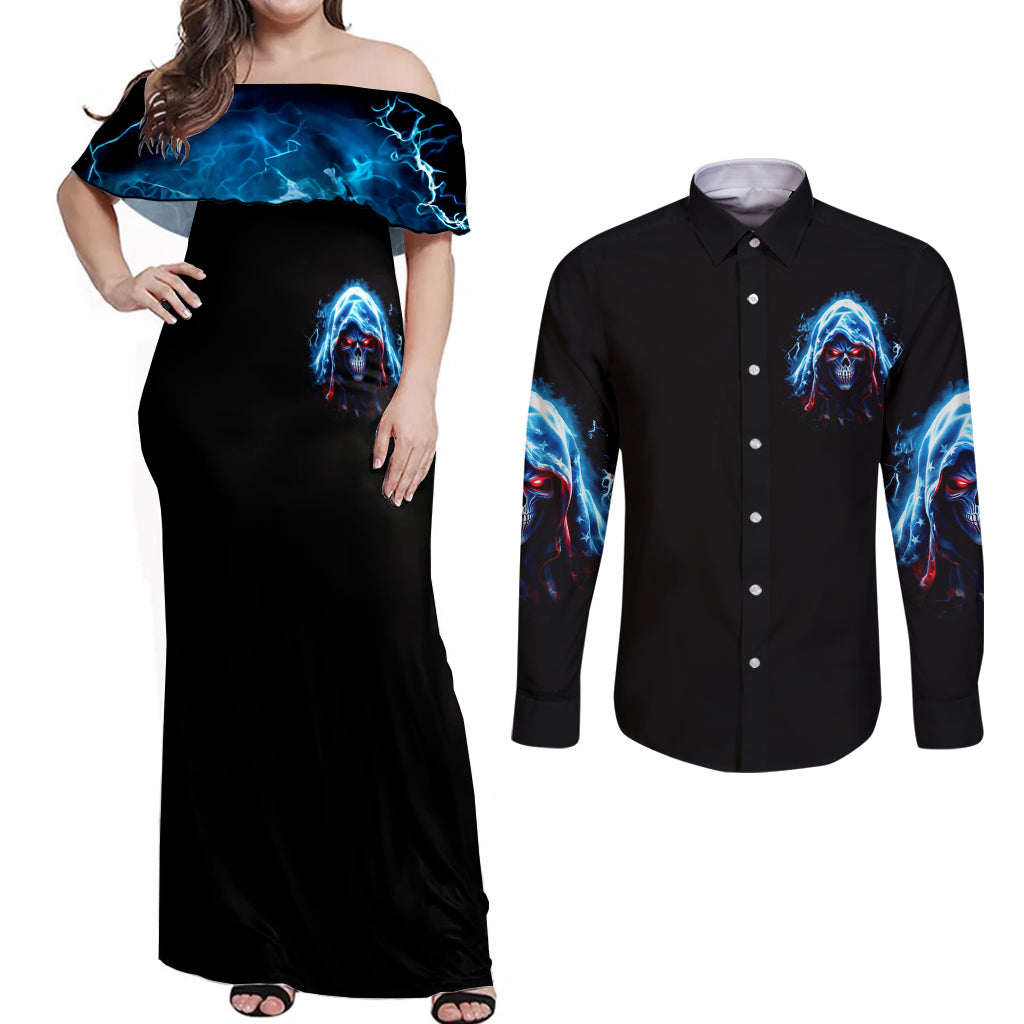 American Skull Couples Matching Off Shoulder Maxi Dress and Long Sleeve Button Shirts I Talk I Smile But Be Carefull When I Silent - Wonder Print Shop