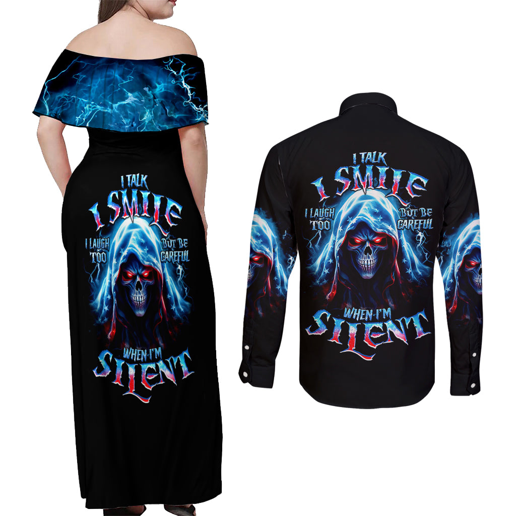 American Skull Couples Matching Off Shoulder Maxi Dress and Long Sleeve Button Shirts I Talk I Smile But Be Carefull When I Silent - Wonder Print Shop