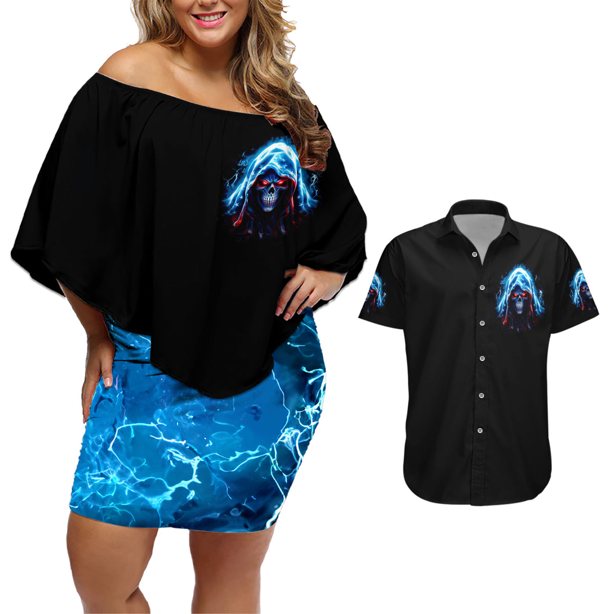 American Skull Couples Matching Off Shoulder Short Dress and Hawaiian Shirt I Talk I Smile But Be Carefull When I Silent - Wonder Print Shop