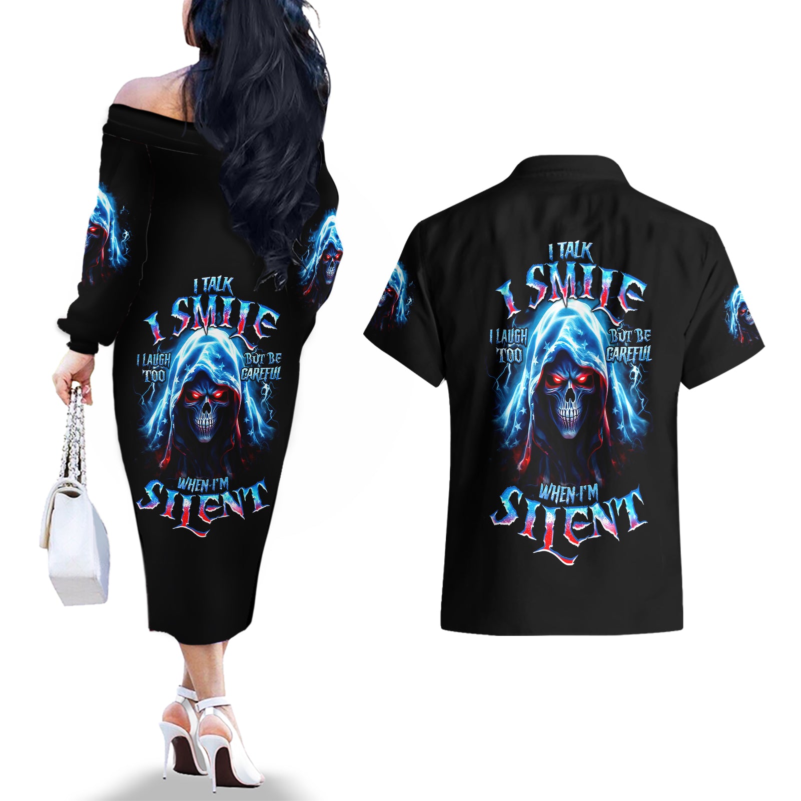 American Skull Couples Matching Off The Shoulder Long Sleeve Dress and Hawaiian Shirt I Talk I Smile But Be Carefull When I Silent - Wonder Print Shop