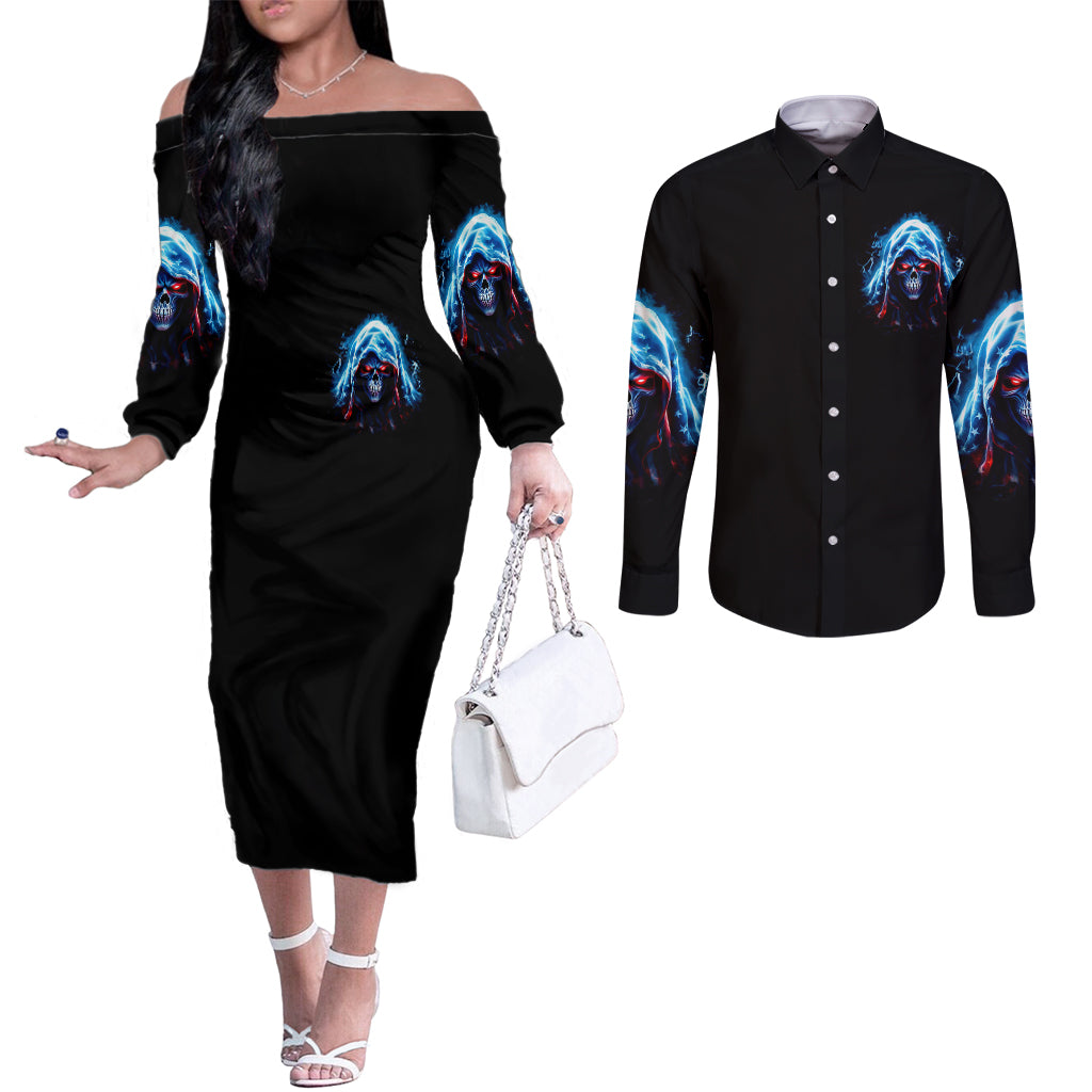 American Skull Couples Matching Off The Shoulder Long Sleeve Dress and Long Sleeve Button Shirts I Talk I Smile But Be Carefull When I Silent DT01