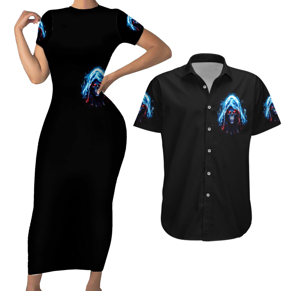 American Skull Couples Matching Short Sleeve Bodycon Dress and Hawaiian Shirt I Talk I Smile But Be Carefull When I Silent - Wonder Print Shop