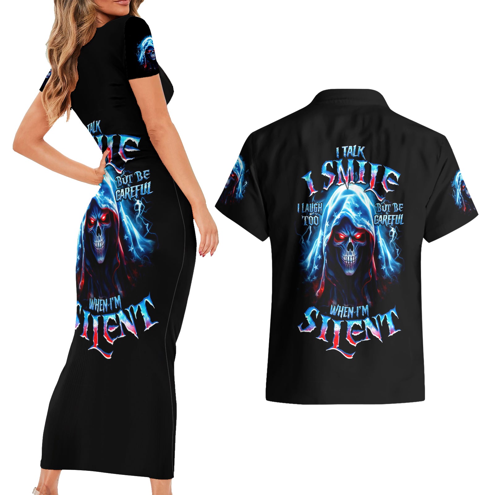 American Skull Couples Matching Short Sleeve Bodycon Dress and Hawaiian Shirt I Talk I Smile But Be Carefull When I Silent - Wonder Print Shop