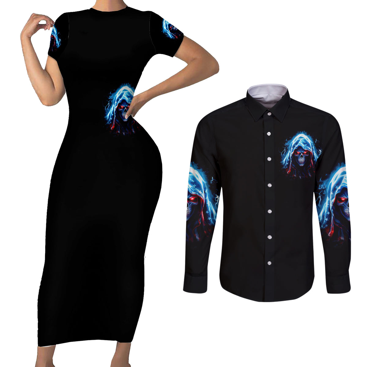 American Skull Couples Matching Short Sleeve Bodycon Dress and Long Sleeve Button Shirts I Talk I Smile But Be Carefull When I Silent - Wonder Print Shop