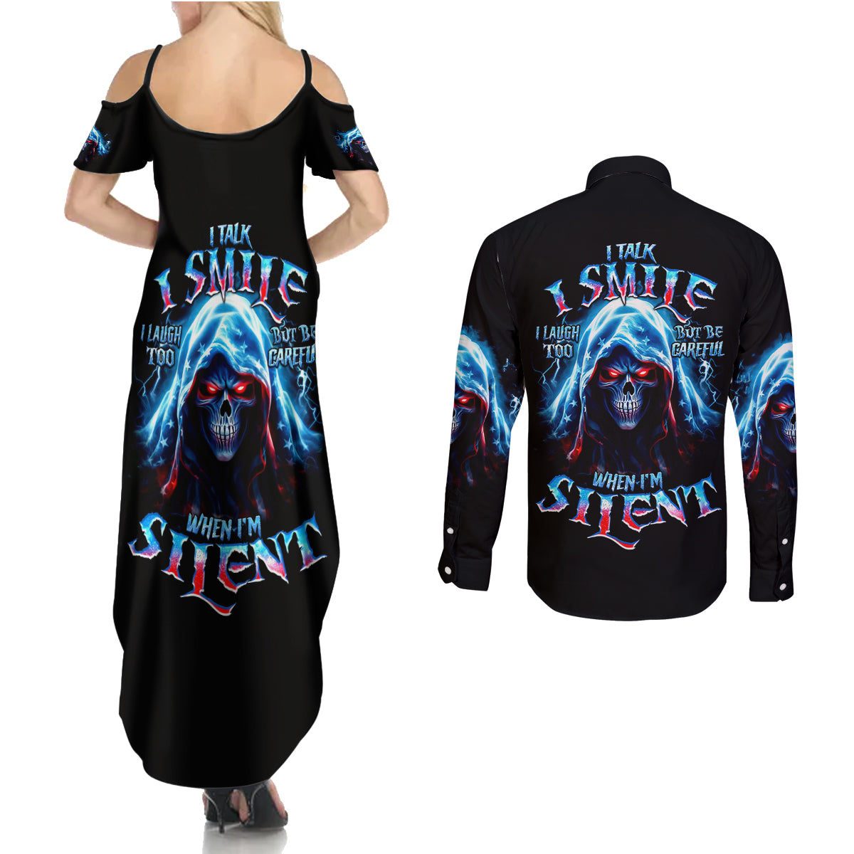 American Skull Couples Matching Summer Maxi Dress and Long Sleeve Button Shirts I Talk I Smile But Be Carefull When I Silent - Wonder Print Shop