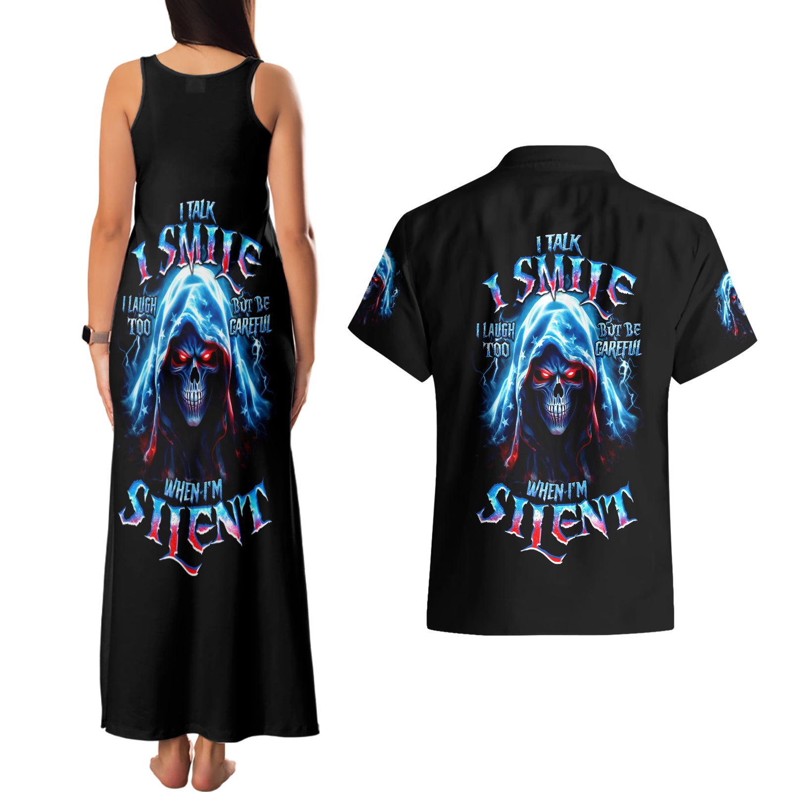 American Skull Couples Matching Tank Maxi Dress and Hawaiian Shirt I Talk I Smile But Be Carefull When I Silent - Wonder Print Shop