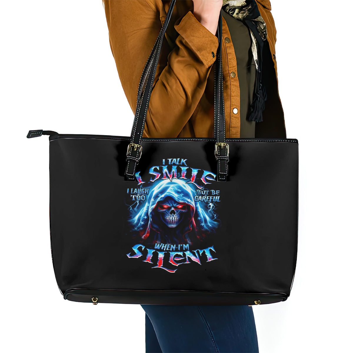 American Skull Leather Tote Bag I Talk I Smile But Be Carefull When I Silent - Wonder Print Shop
