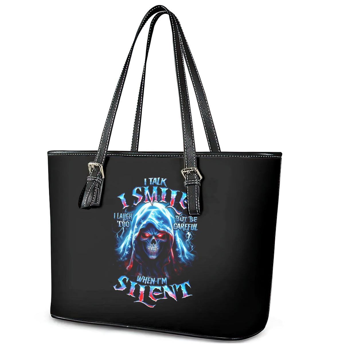 American Skull Leather Tote Bag I Talk I Smile But Be Carefull When I Silent - Wonder Print Shop
