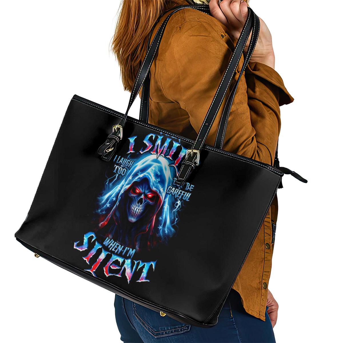 American Skull Leather Tote Bag I Talk I Smile But Be Carefull When I Silent - Wonder Print Shop