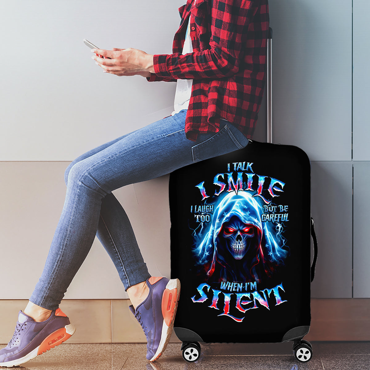 American Skull Luggage Cover I Talk I Smile But Be Carefull When I Silent - Wonder Print Shop