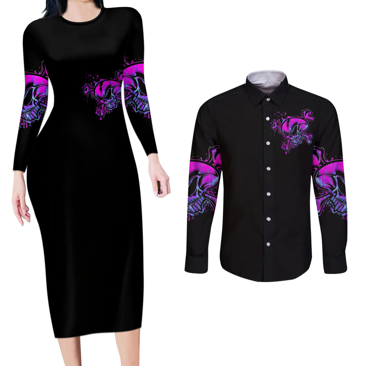 Graffiti Skull Couples Matching Long Sleeve Bodycon Dress and Long Sleeve Button Shirts I Talk I Smile But Be Carefull When I Silent - Wonder Print Shop