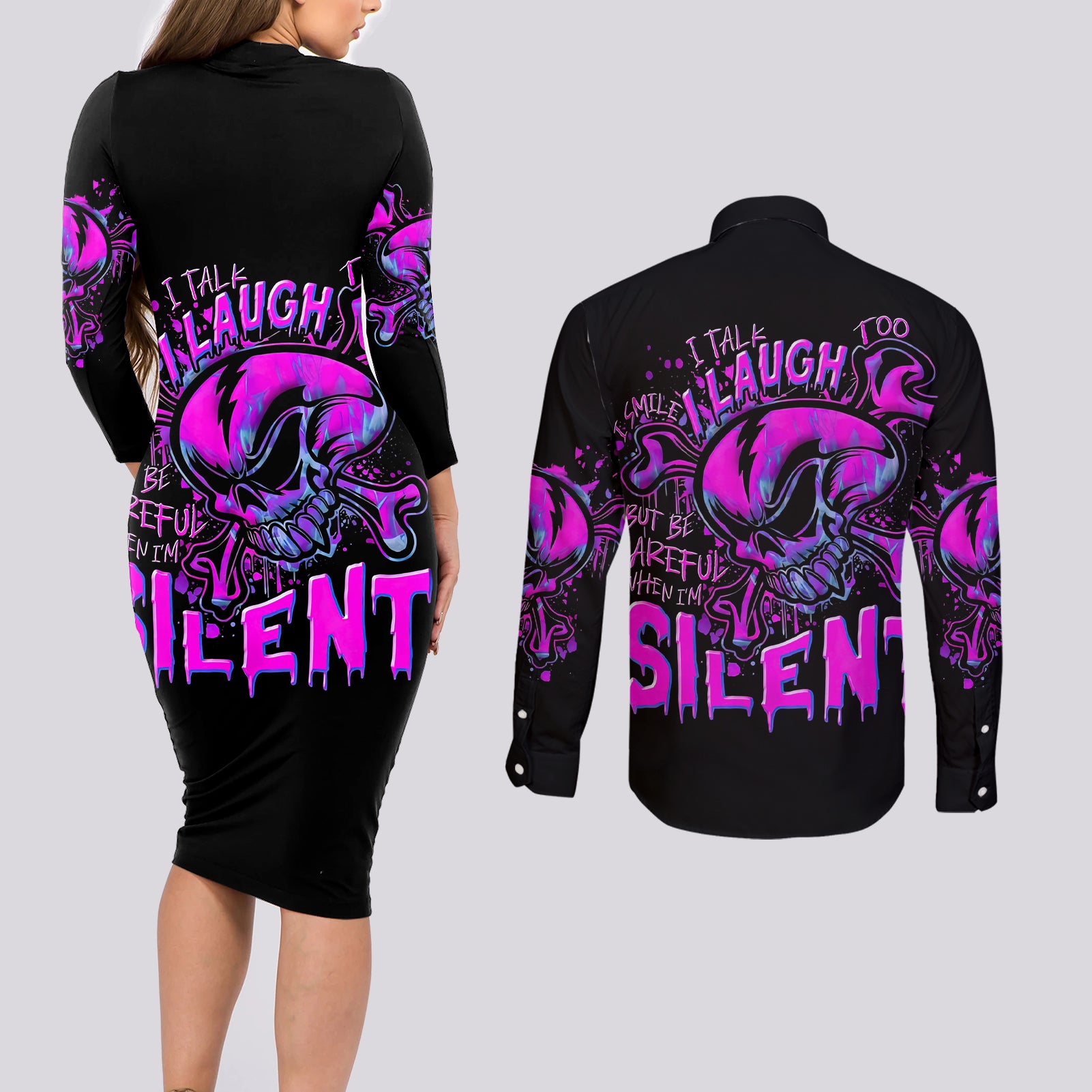 Graffiti Skull Couples Matching Long Sleeve Bodycon Dress and Long Sleeve Button Shirts I Talk I Smile But Be Carefull When I Silent - Wonder Print Shop