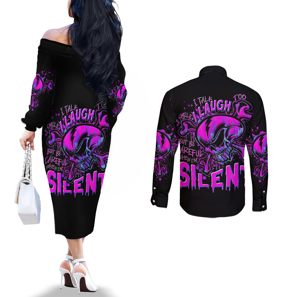 Graffiti Skull Couples Matching Off The Shoulder Long Sleeve Dress and Long Sleeve Button Shirts I Talk I Smile But Be Carefull When I Silent DT01