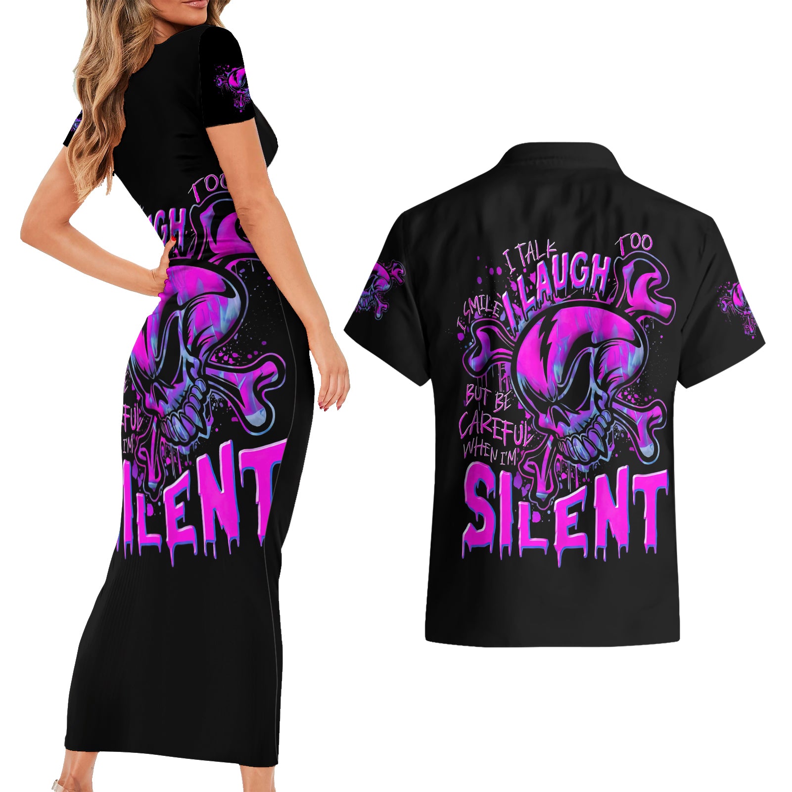 Graffiti Skull Couples Matching Short Sleeve Bodycon Dress and Hawaiian Shirt I Talk I Smile But Be Carefull When I Silent - Wonder Print Shop