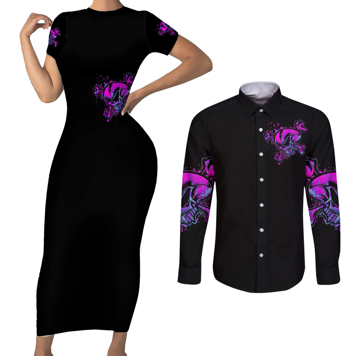 Graffiti Skull Couples Matching Short Sleeve Bodycon Dress and Long Sleeve Button Shirts I Talk I Smile But Be Carefull When I Silent - Wonder Print Shop