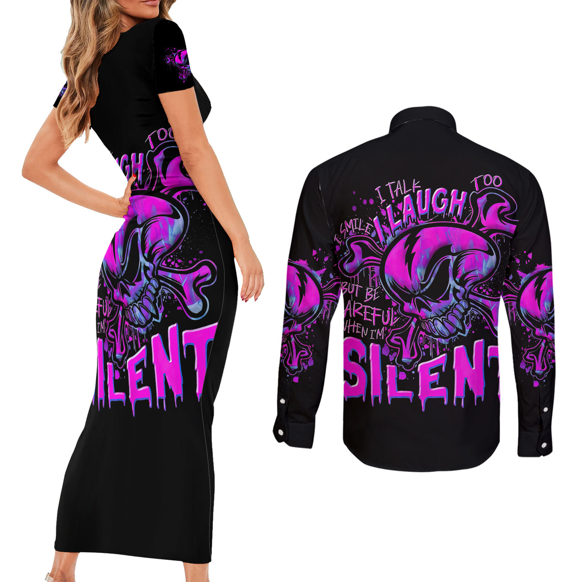Graffiti Skull Couples Matching Short Sleeve Bodycon Dress and Long Sleeve Button Shirts I Talk I Smile But Be Carefull When I Silent - Wonder Print Shop