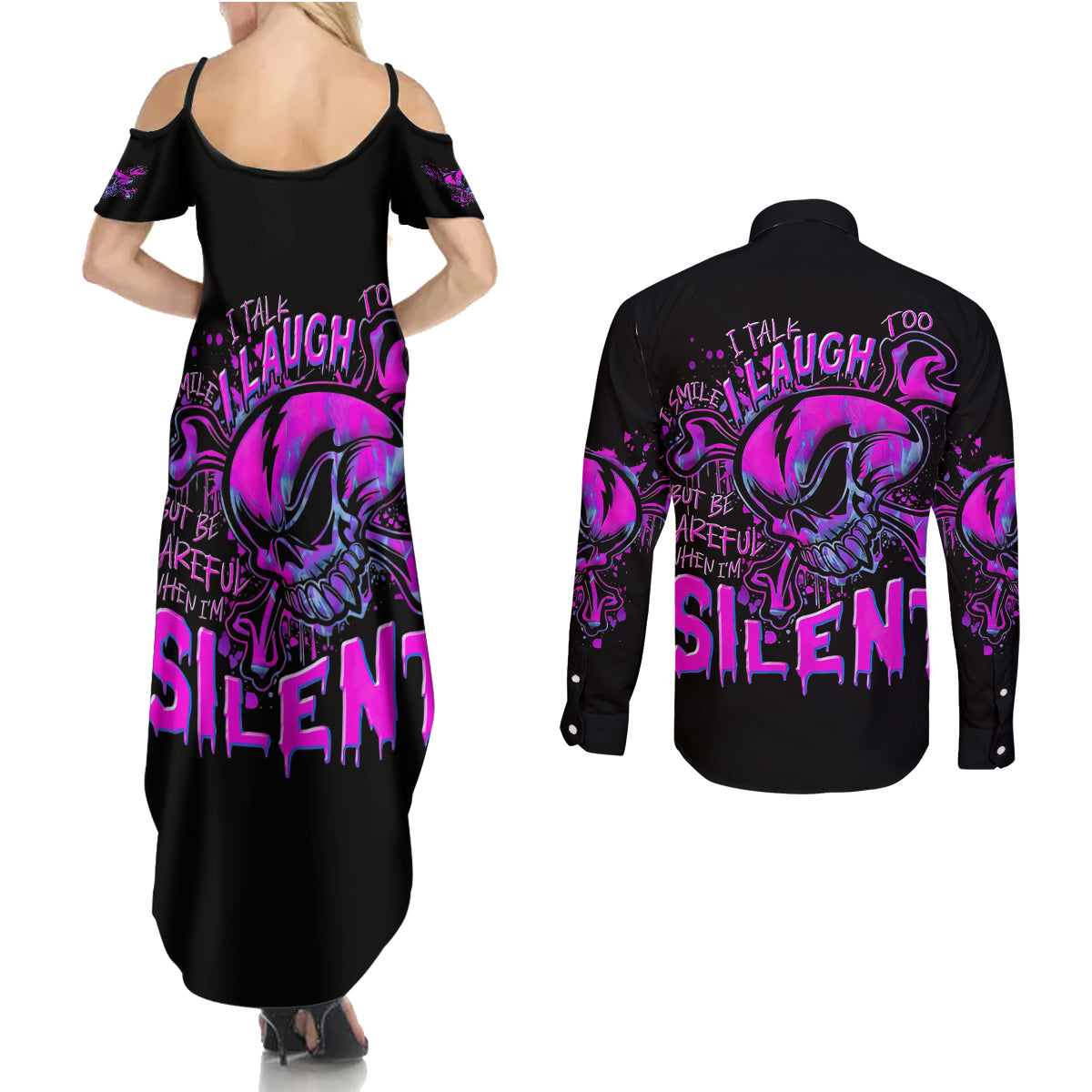 Graffiti Skull Couples Matching Summer Maxi Dress and Long Sleeve Button Shirts I Talk I Smile But Be Carefull When I Silent - Wonder Print Shop
