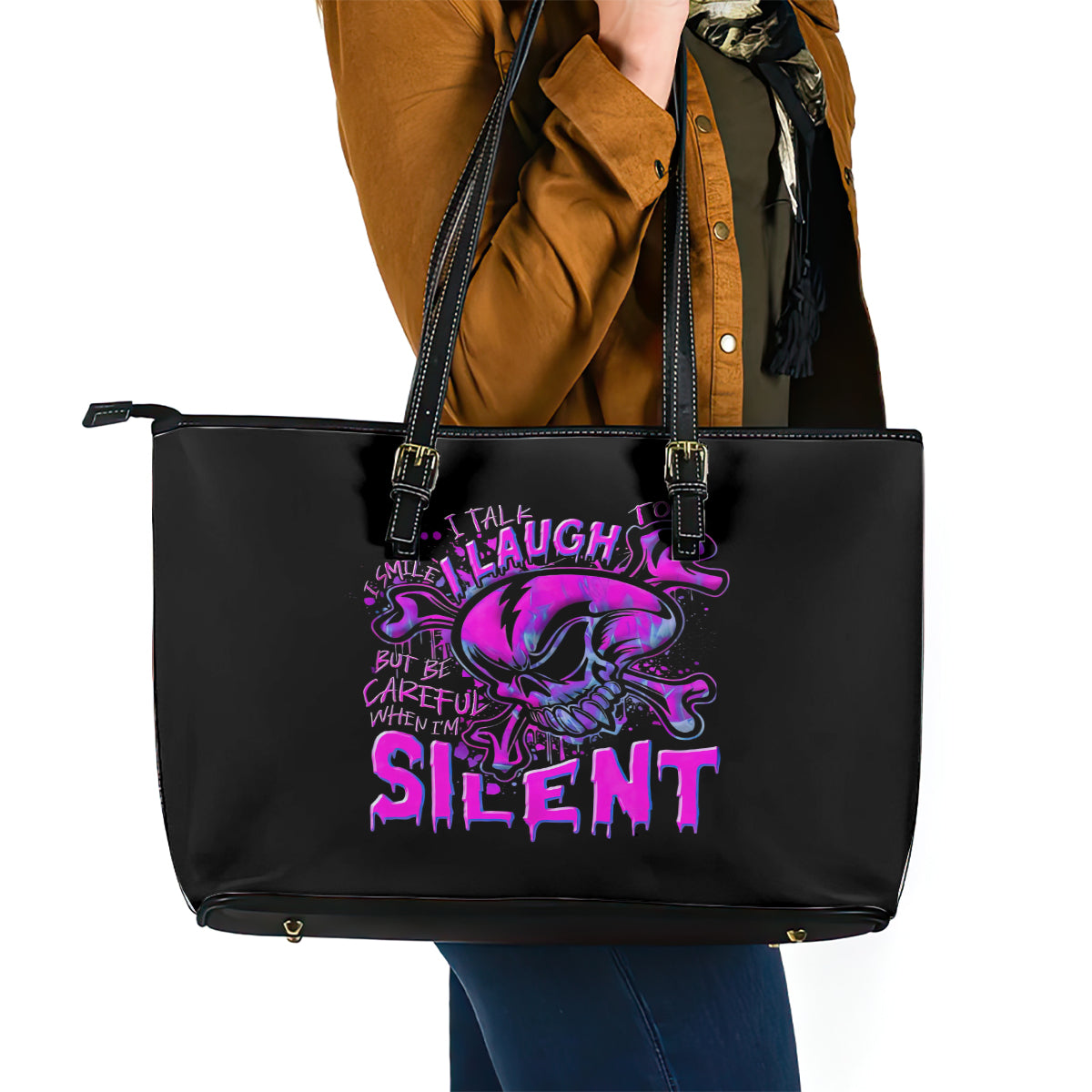 Graffiti Skull Leather Tote Bag I Talk I Smile But Be Carefull When I Silent - Wonder Print Shop