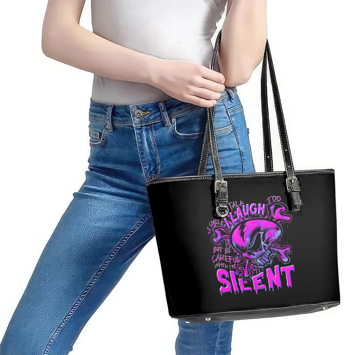 Graffiti Skull Leather Tote Bag I Talk I Smile But Be Carefull When I Silent - Wonder Print Shop
