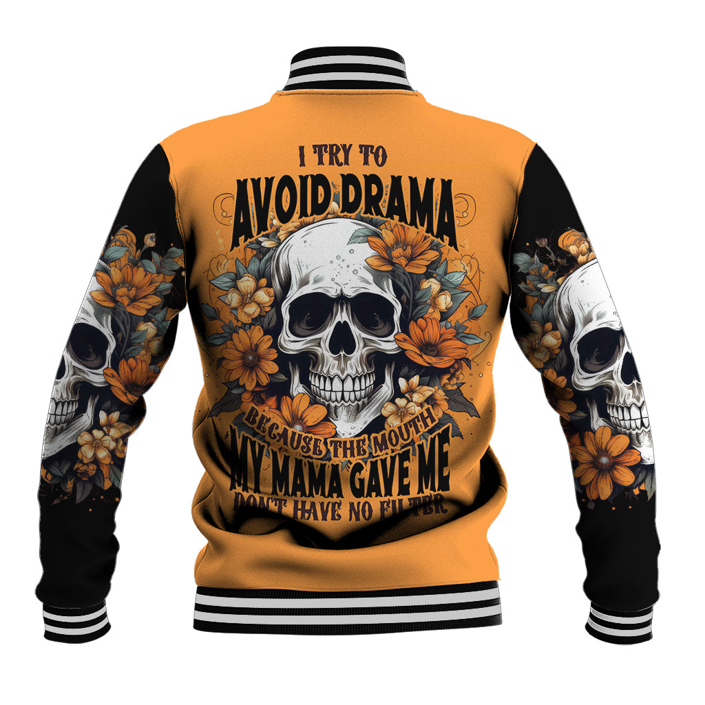 Flower Skull Baseball Jacket I Try To Avoid Drama - Wonder Print Shop