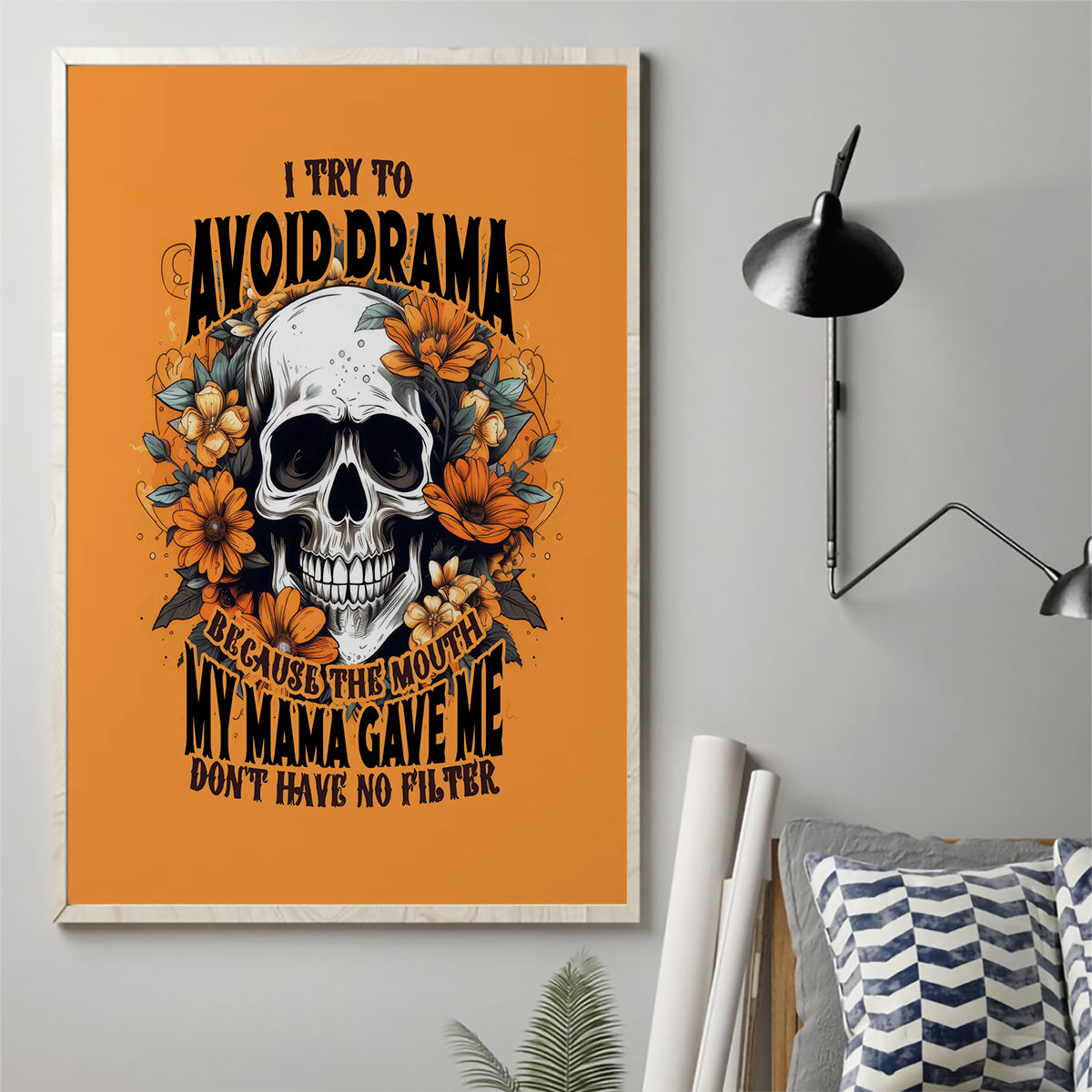 Flower Skull Canvas Wall Art I Try To Avoid Drama - Wonder Print Shop