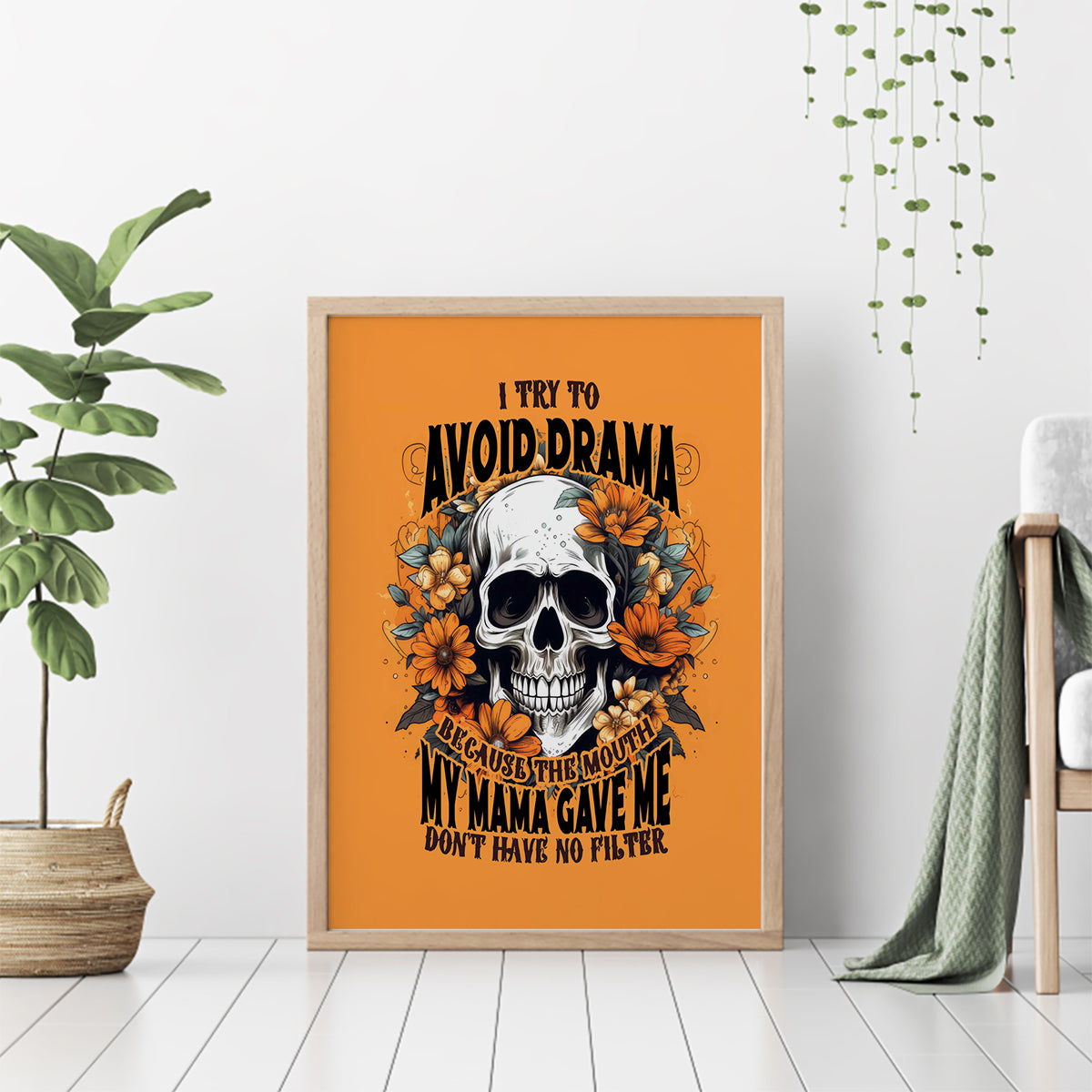 Flower Skull Canvas Wall Art I Try To Avoid Drama - Wonder Print Shop