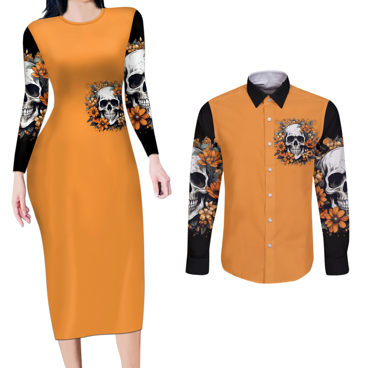 Flower Skull Couples Matching Long Sleeve Bodycon Dress and Long Sleeve Button Shirts I Try To Avoid Drama - Wonder Print Shop