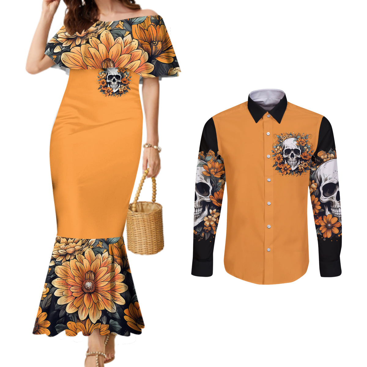 Flower Skull Couples Matching Mermaid Dress and Long Sleeve Button Shirts I Try To Avoid Drama DT01