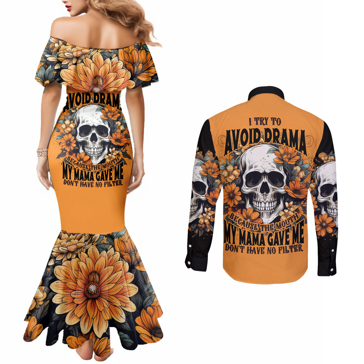 Flower Skull Couples Matching Mermaid Dress and Long Sleeve Button Shirts I Try To Avoid Drama DT01