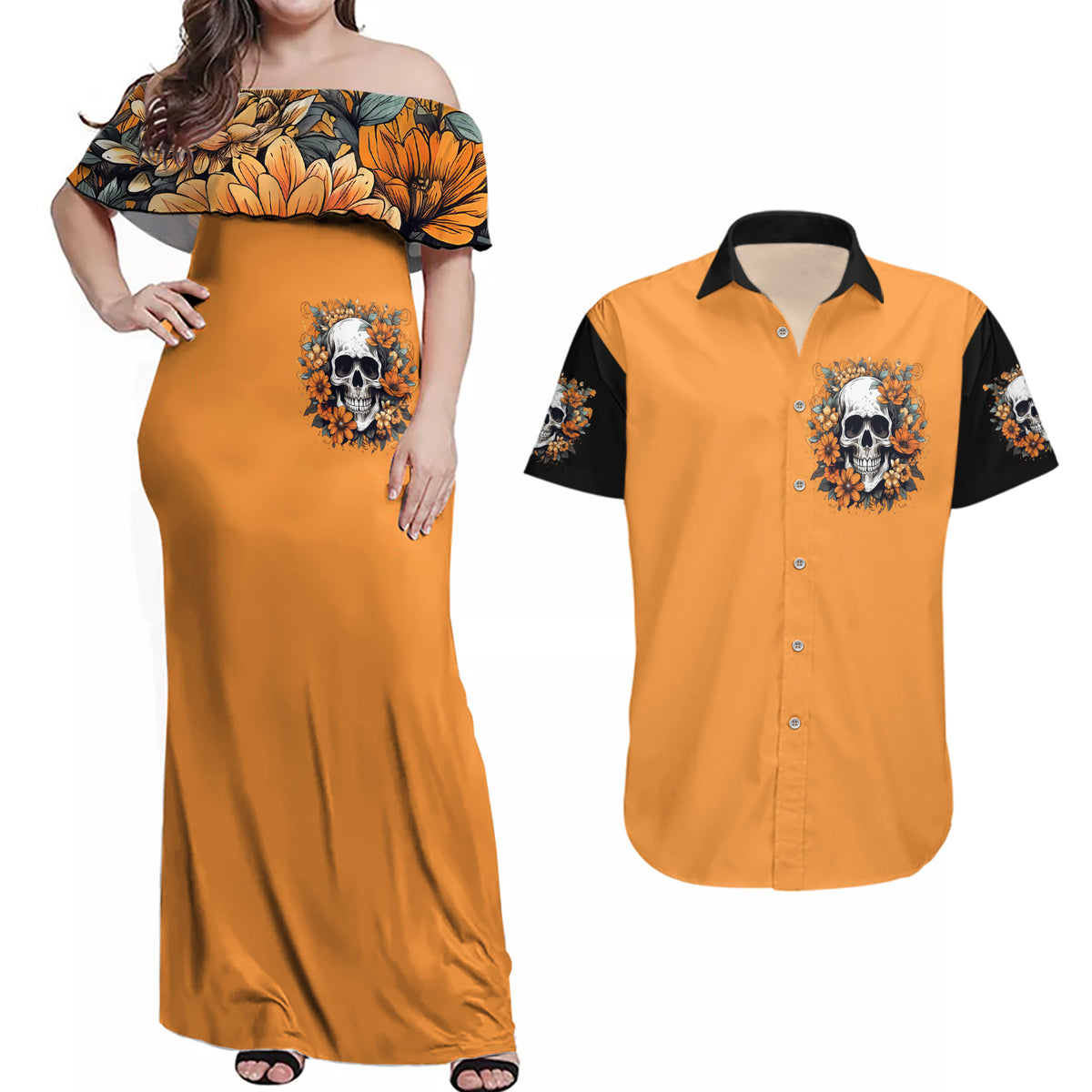 Flower Skull Couples Matching Off Shoulder Maxi Dress and Hawaiian Shirt I Try To Avoid Drama - Wonder Print Shop