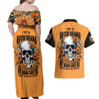 Flower Skull Couples Matching Off Shoulder Maxi Dress and Hawaiian Shirt I Try To Avoid Drama - Wonder Print Shop