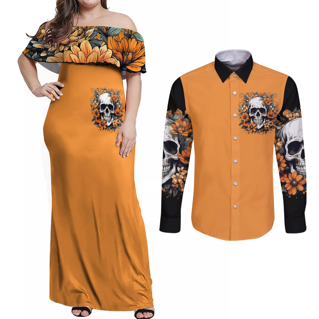 Flower Skull Couples Matching Off Shoulder Maxi Dress and Long Sleeve Button Shirts I Try To Avoid Drama - Wonder Print Shop