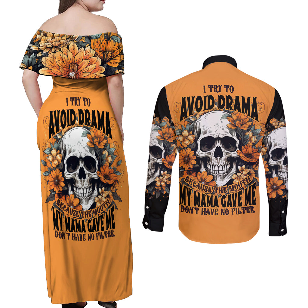 Flower Skull Couples Matching Off Shoulder Maxi Dress and Long Sleeve Button Shirts I Try To Avoid Drama - Wonder Print Shop