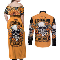 Flower Skull Couples Matching Off Shoulder Maxi Dress and Long Sleeve Button Shirts I Try To Avoid Drama - Wonder Print Shop