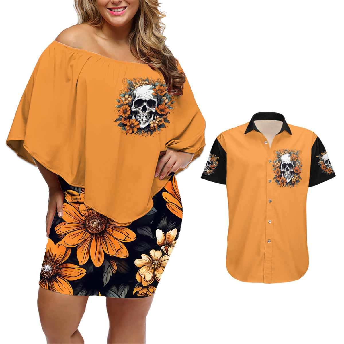 Flower Skull Couples Matching Off Shoulder Short Dress and Hawaiian Shirt I Try To Avoid Drama - Wonder Print Shop
