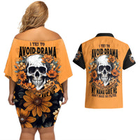 Flower Skull Couples Matching Off Shoulder Short Dress and Hawaiian Shirt I Try To Avoid Drama - Wonder Print Shop