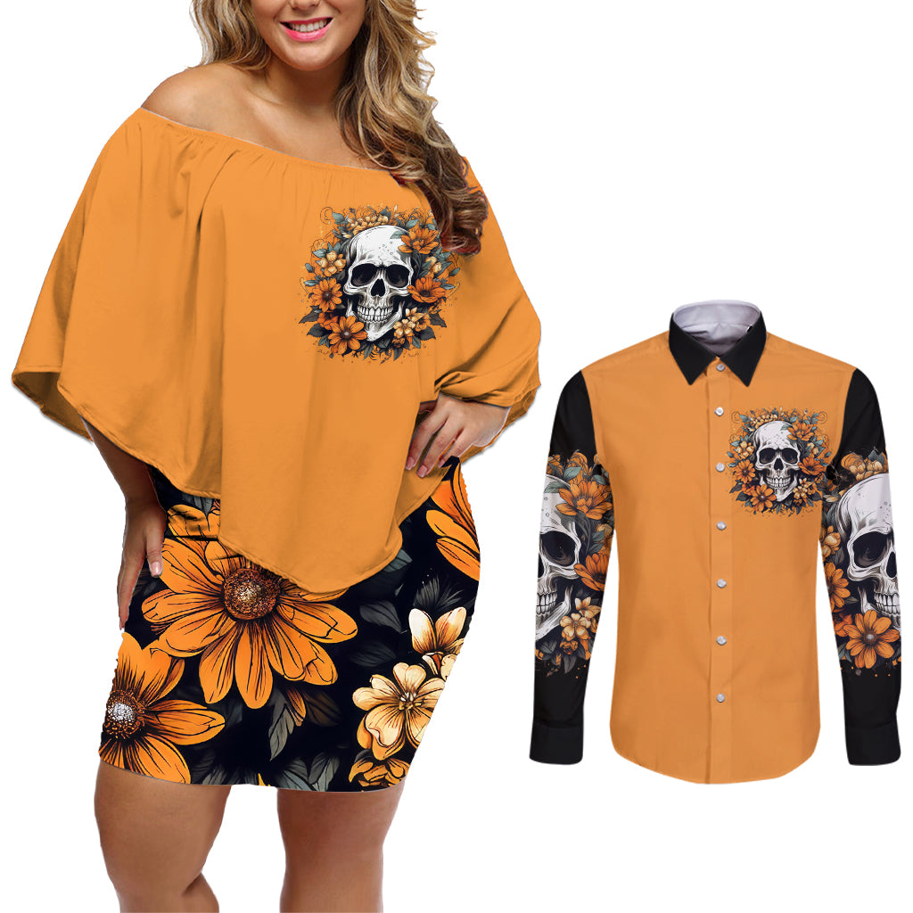 Flower Skull Couples Matching Off Shoulder Short Dress and Long Sleeve Button Shirts I Try To Avoid Drama - Wonder Print Shop
