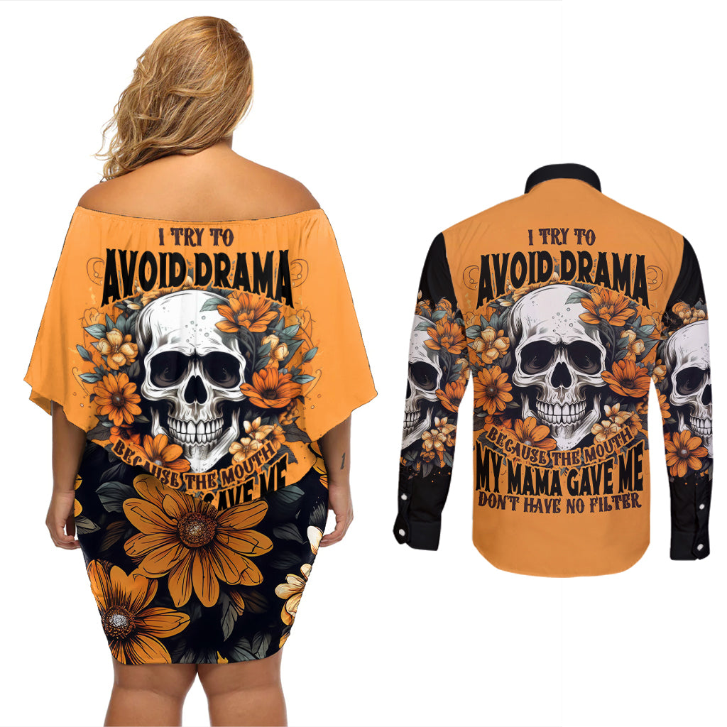 Flower Skull Couples Matching Off Shoulder Short Dress and Long Sleeve Button Shirts I Try To Avoid Drama - Wonder Print Shop