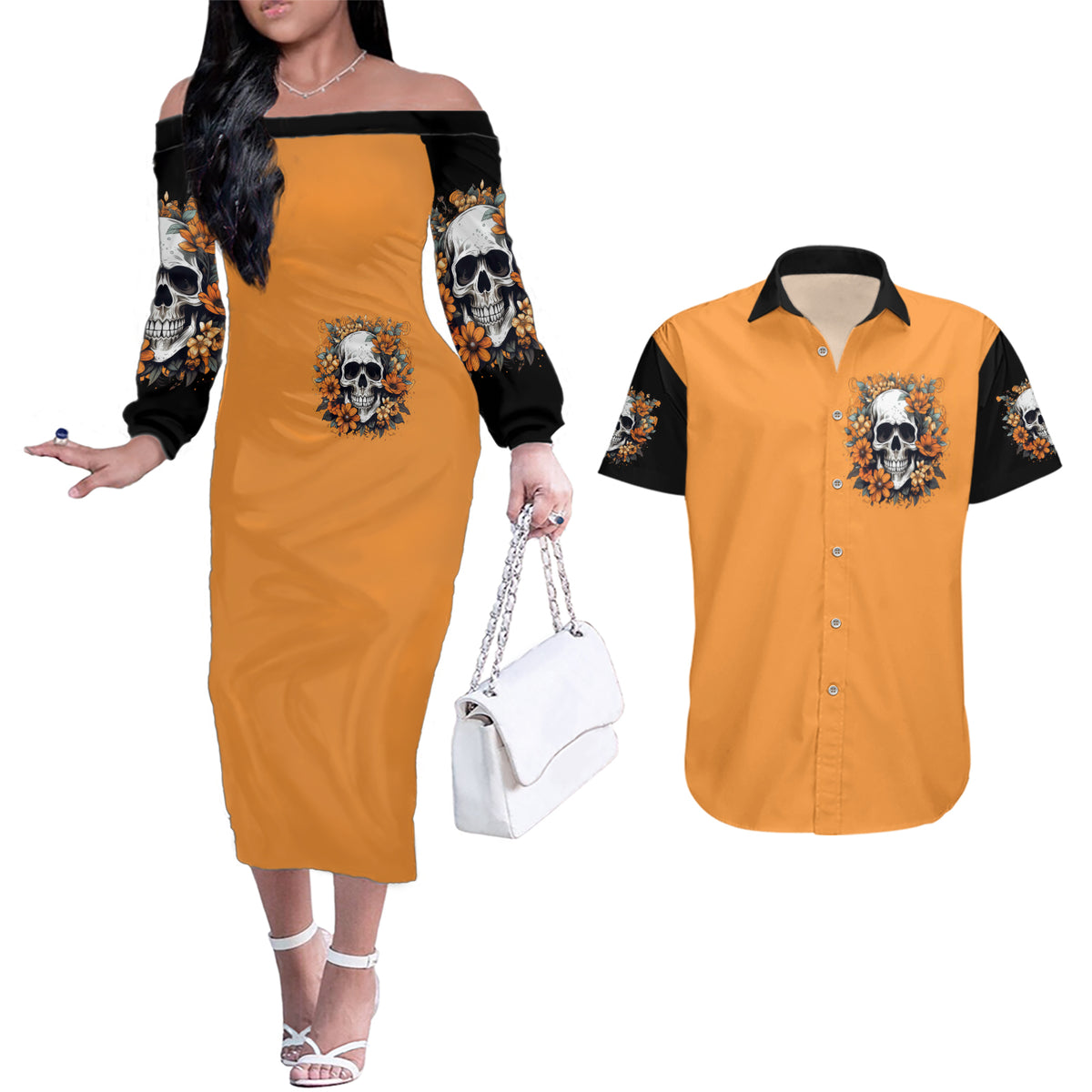 Flower Skull Couples Matching Off The Shoulder Long Sleeve Dress and Hawaiian Shirt I Try To Avoid Drama - Wonder Print Shop